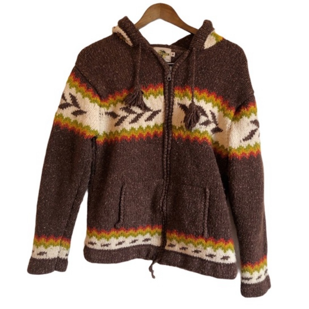EARTH RAGZ Vintage Wool Boho Hippie Zip Up Knit Sweater Jacket Top Brown